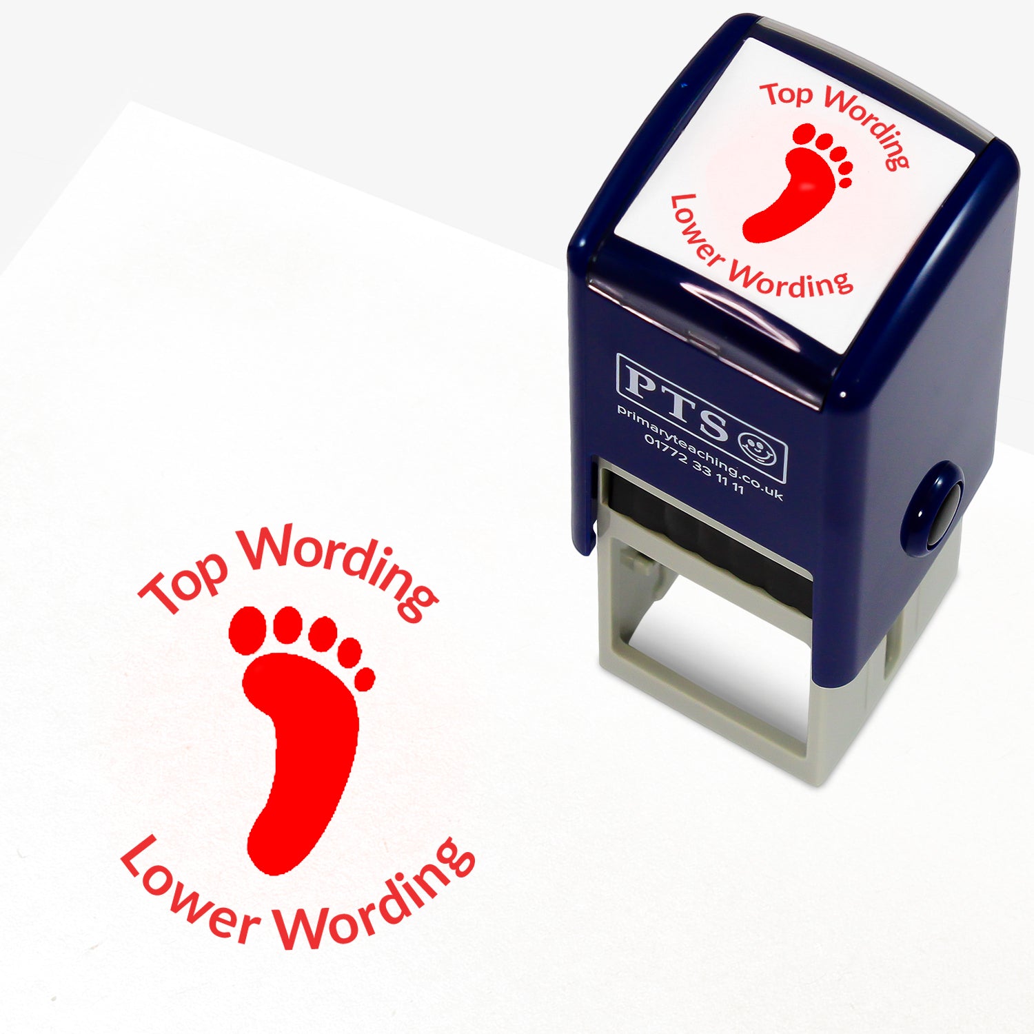 A 25mm round pre-inked teacher stamper with red ink, featuring a solid footprint, curving above the image is space for personalisation 'Top Wording' and curving below the image is space for personalisation 'Lower Wording' in a clear, bold font.