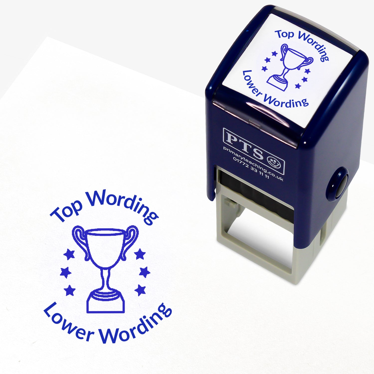 A 25mm round pre-inked teacher stamper with blue ink, featuring a trophy with three stars either side, curving above the image is space for personalisation 'Top Wording' and curving below the image is space for personalisation 'Lower Wording' in a clear, bold font.