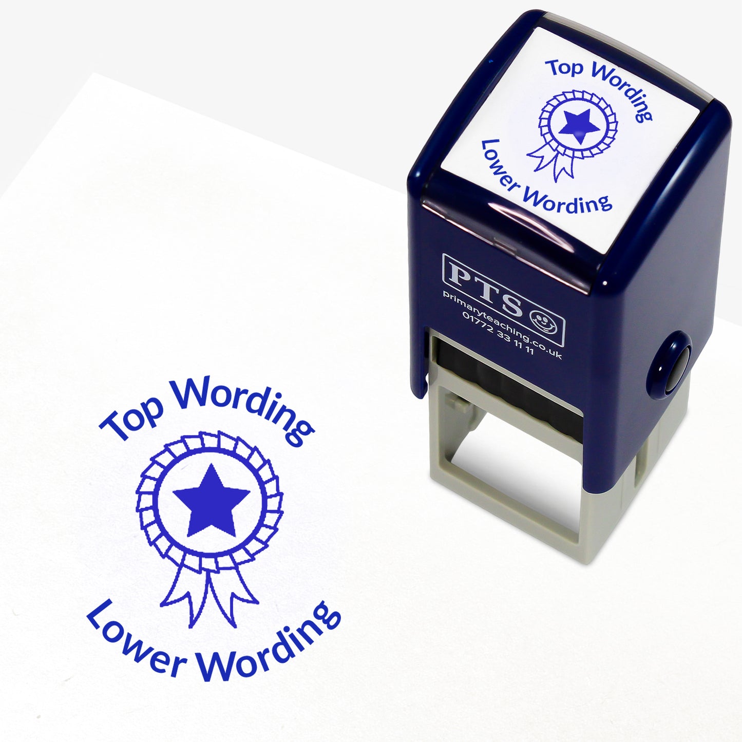 A 25mm round pre-inked teacher stamper with blue ink, featuring a rosette with a solid star in the centre, curving above the image is space for personalisation 'Top Wording' and curving below the image is space for personalisation 'Lower Wording' in a clear, bold font.