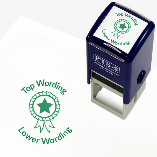A 25mm round pre-inked teacher stamper with green ink, featuring a rosette with a solid star in the centre, curving above the image is space for personalisation 'Top Wording' and curving below the image is space for personalisation 'Lower Wording' in a clear, bold font.