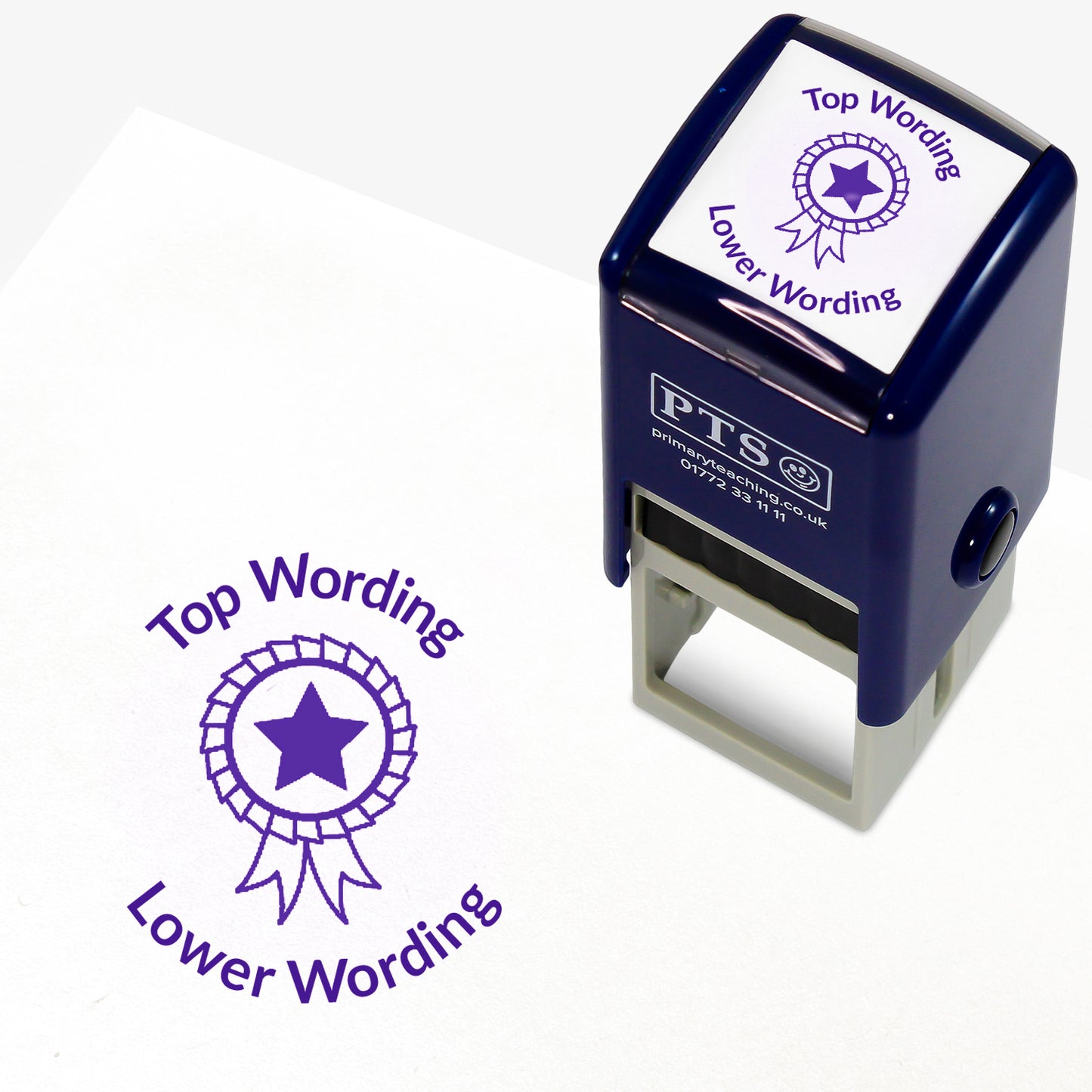 A 25mm round pre-inked teacher stamper with purple ink, featuring a rosette with a solid star in the centre, curving above the image is space for personalisation 'Top Wording' and curving below the image is space for personalisation 'Lower Wording' in a clear, bold font.