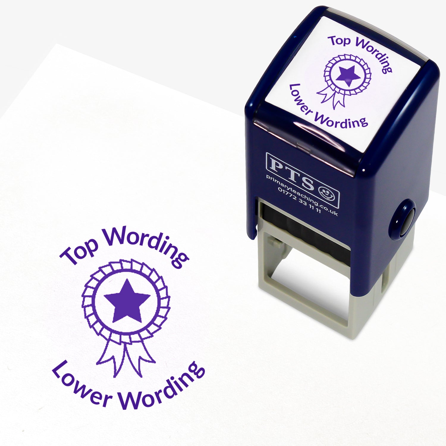 A 25mm round pre-inked teacher stamper with purple ink, featuring a rosette with a solid star in the centre, curving above the image is space for personalisation 'Top Wording' and curving below the image is space for personalisation 'Lower Wording' in a clear, bold font.