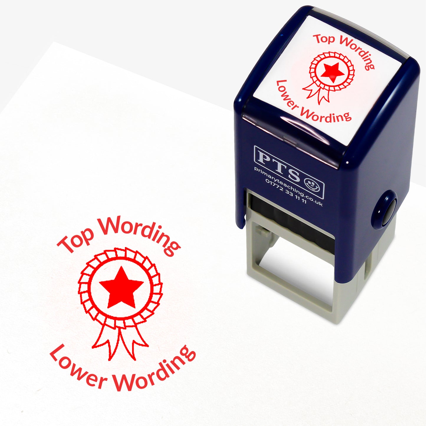 A 25mm round pre-inked teacher stamper with red ink, featuring a rosette with a solid star in the centre, curving above the image is space for personalisation 'Top Wording' and curving below the image is space for personalisation 'Lower Wording' in a clear, bold font.