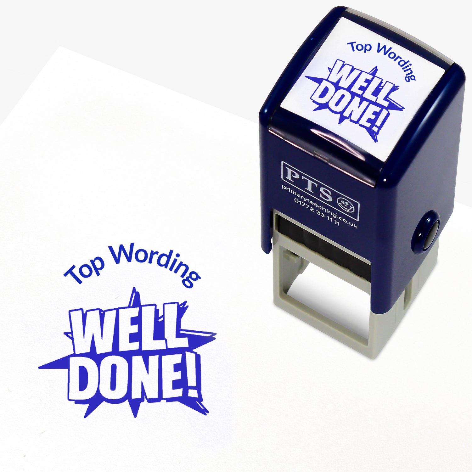 A 25mm round pre-inked teacher stamper with blue ink, featuring the words 'WELL DONE' with a starburst behind, curving above the image is space for personalisation 'Top Wording' in a clear, bold font.