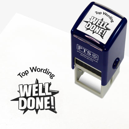 A 25mm round pre-inked teacher stamper with black ink, featuring the words 'WELL DONE' with a starburst behind, curving above the image is space for personalisation 'Top Wording' in a clear, bold font.