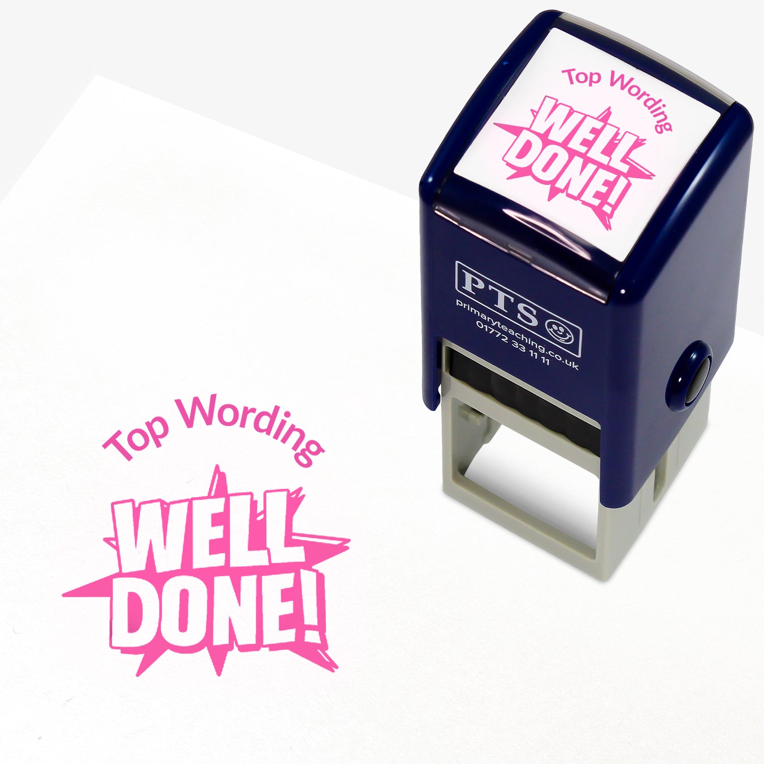 A 25mm round pre-inked teacher stamper with pink ink, featuring the words 'WELL DONE' with a starburst behind, curving above the image is space for personalisation 'Top Wording' in a clear, bold font.