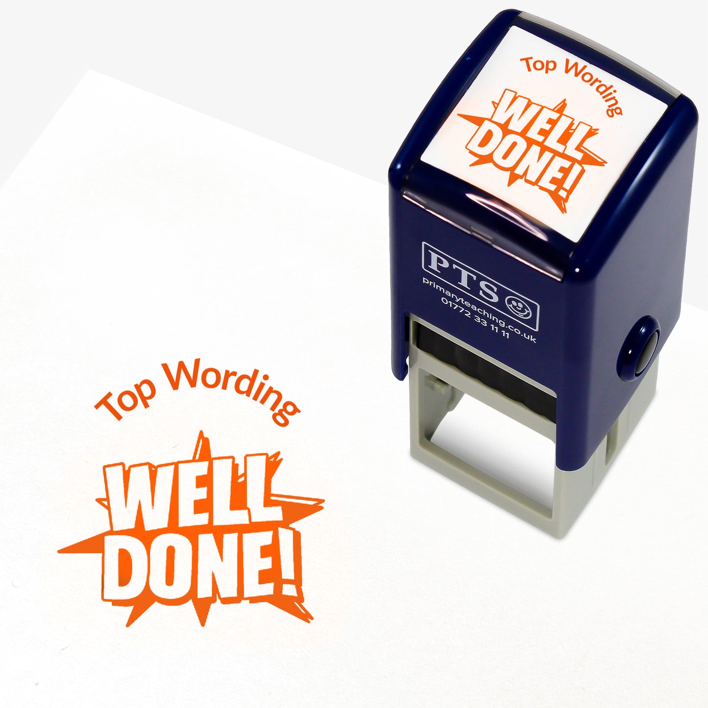 A 25mm round pre-inked teacher stamper with orange ink, featuring the words 'WELL DONE' with a starburst behind, curving above the image is space for personalisation 'Top Wording' in a clear, bold font.