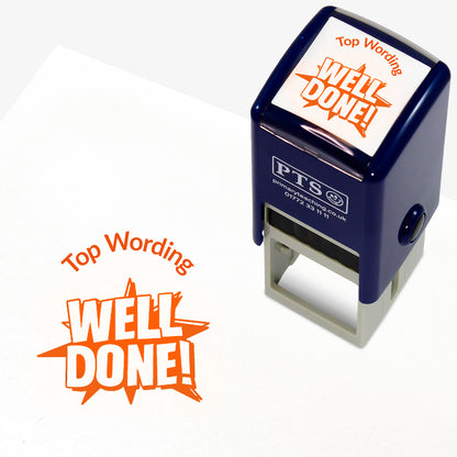 A 25mm round pre-inked teacher stamper with orange ink, featuring the words 'WELL DONE' with a starburst behind, curving above the image is space for personalisation 'Top Wording' in a clear, bold font.