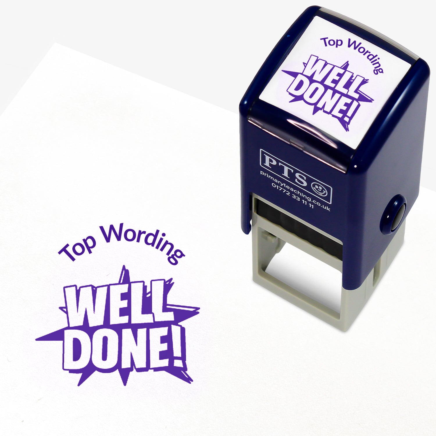 A 25mm round pre-inked teacher stamper with purple ink, featuring the words 'WELL DONE' with a starburst behind, curving above the image is space for personalisation 'Top Wording' in a clear, bold font.