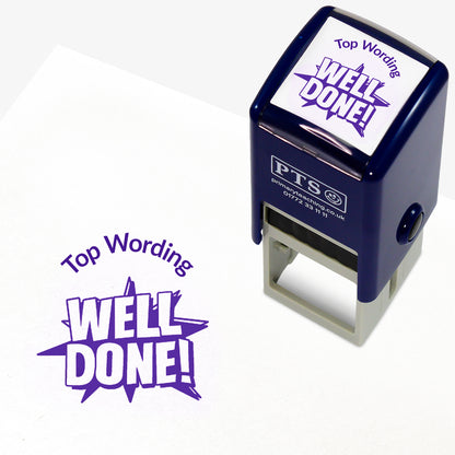 A 25mm round pre-inked teacher stamper with purple ink, featuring the words 'WELL DONE' with a starburst behind, curving above the image is space for personalisation 'Top Wording' in a clear, bold font.
