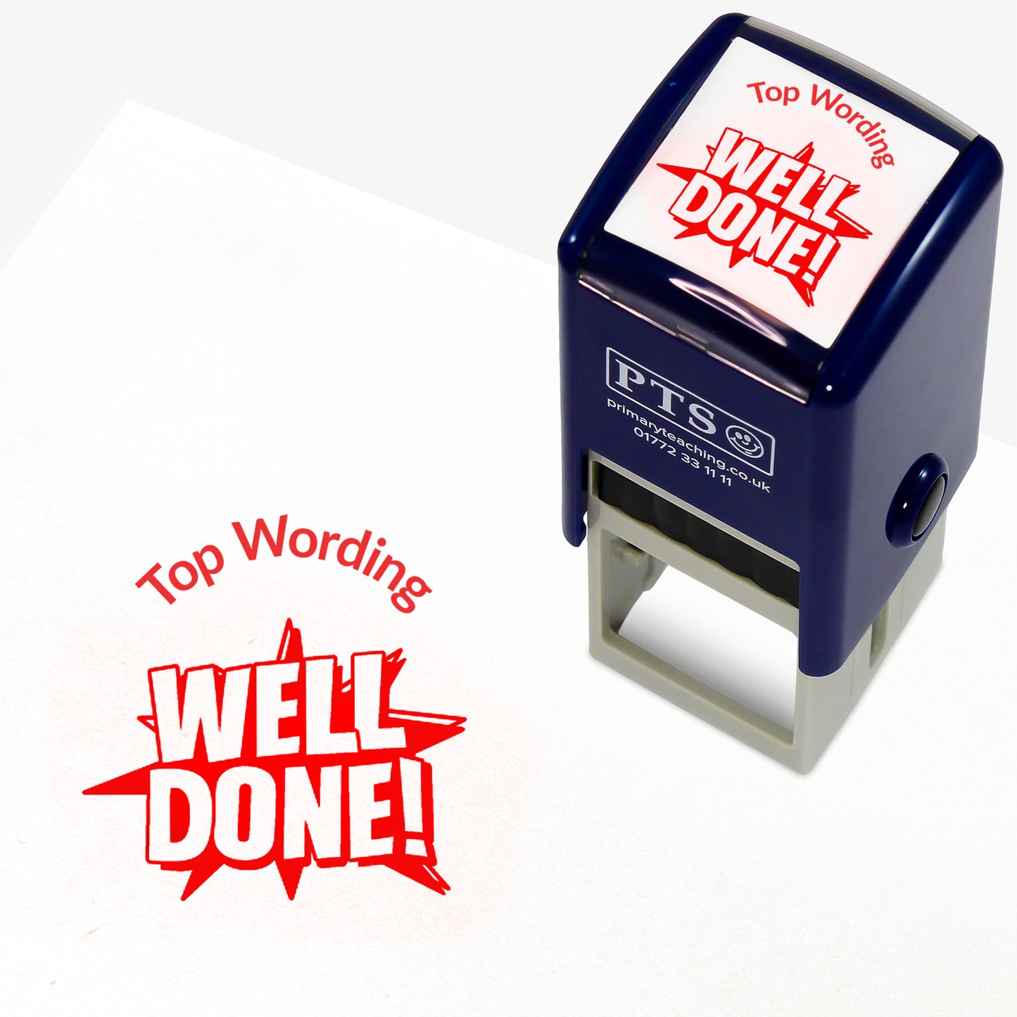 A 25mm round pre-inked teacher stamper with red ink, featuring the words 'WELL DONE' with a starburst behind, curving above the image is space for personalisation 'Top Wording' in a clear, bold font.