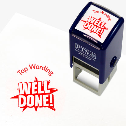 A 25mm round pre-inked teacher stamper with red ink, featuring the words 'WELL DONE' with a starburst behind, curving above the image is space for personalisation 'Top Wording' in a clear, bold font.