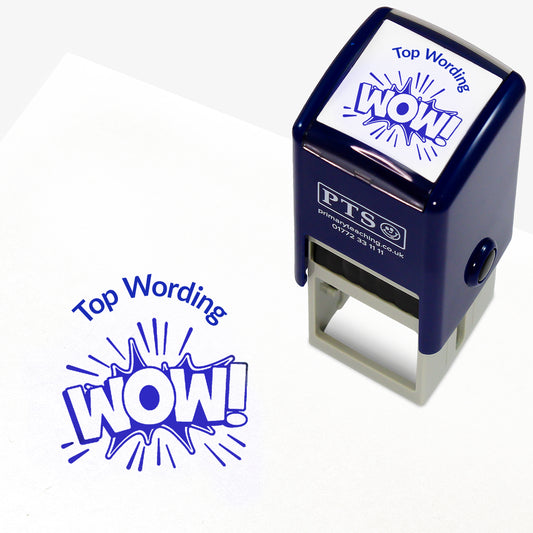 A 25mm round pre-inked teacher stamper with blue ink, featuring the word 'WOW!' with a splat behind, curving above the image is space for personalisation 'Top Wording' in a clear, bold font.