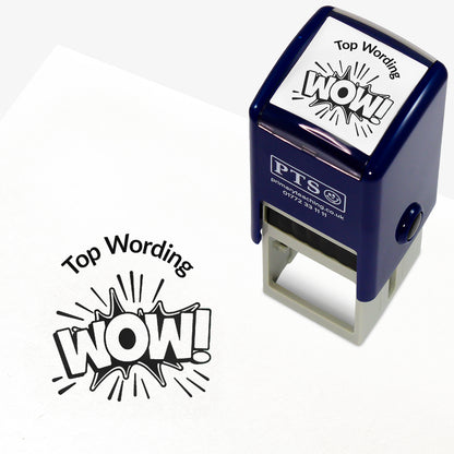 A 25mm round pre-inked teacher stamper with black ink, featuring the word 'WOW!' with a splat behind, curving above the image is space for personalisation 'Top Wording' in a clear, bold font.