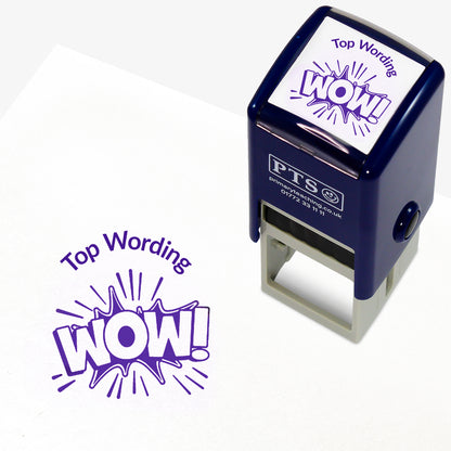A 25mm round pre-inked teacher stamper with purple ink, featuring the word 'WOW!' with a splat behind, curving above the image is space for personalisation 'Top Wording' in a clear, bold font.