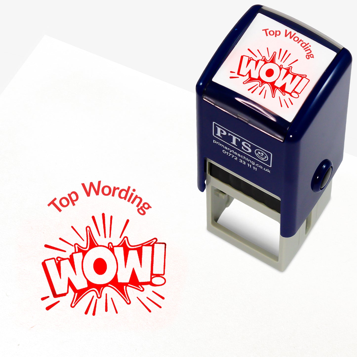 A 25mm round pre-inked teacher stamper with red ink, featuring the word 'WOW!' with a splat behind, curving above the image is space for personalisation 'Top Wording' in a clear, bold font.