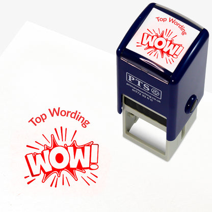 A 25mm round pre-inked teacher stamper with red ink, featuring the word 'WOW!' with a splat behind, curving above the image is space for personalisation 'Top Wording' in a clear, bold font.