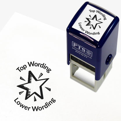 A 25mm round pre-inked teacher stamper with black ink, featuring a  shining star, curving above the image is space for personalisation 'Top Wording' and curving below the image is space for personalisation 'Lower Wording' in a clear, bold font.
