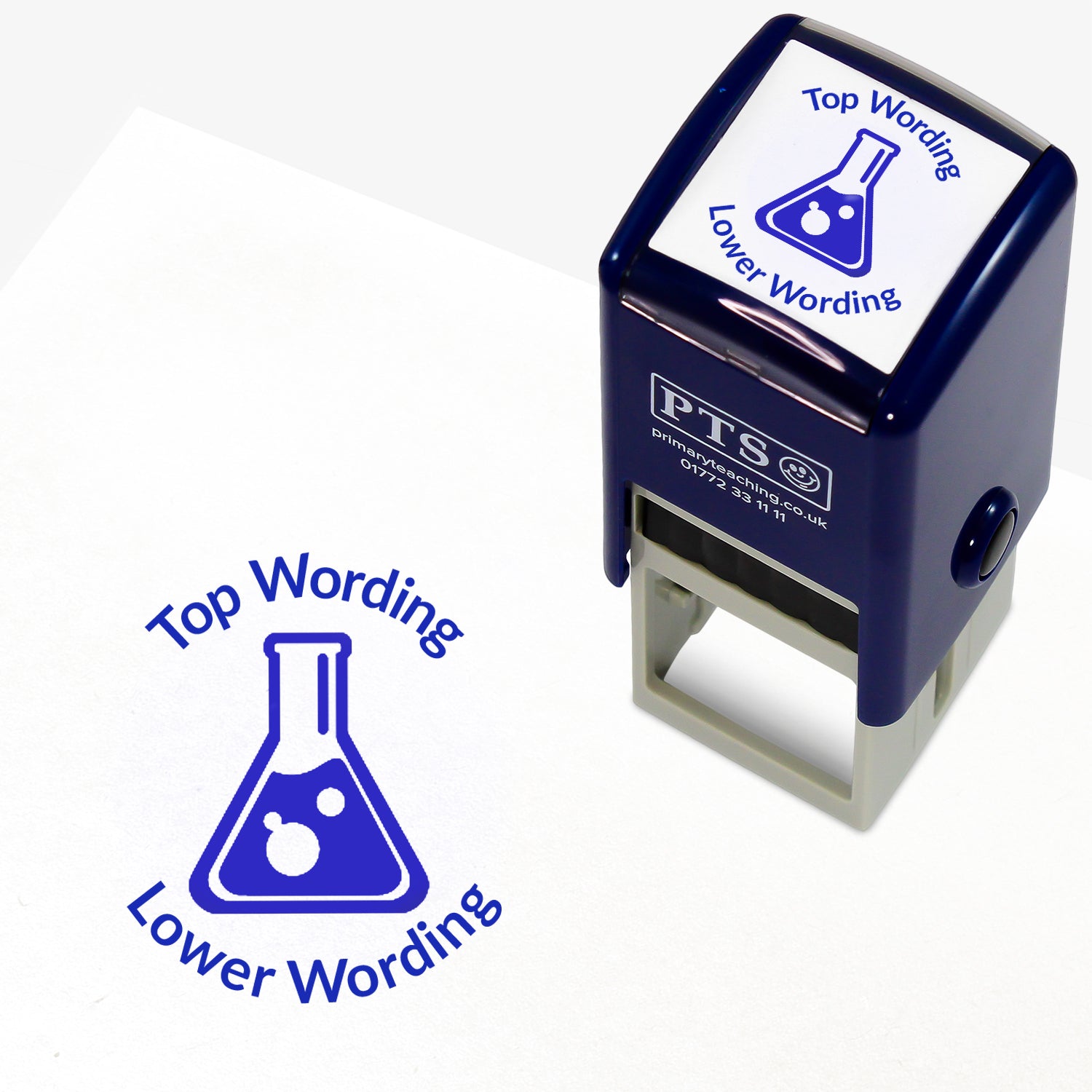 A 25mm round pre-inked teacher stamper with blue ink, featuring a conical flask wish bubling liquid in the centre, curving above the image is space for personalisation 'Top Wording' and curving below the image is space for personalisation 'Lower Wording' in a clear, bold font.
