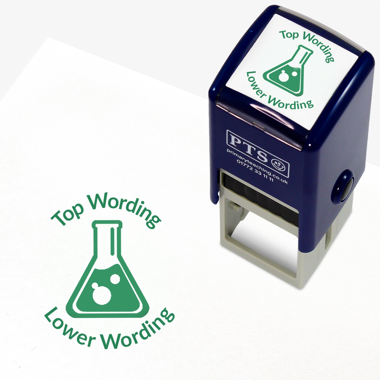 A 25mm round pre-inked teacher stamper with green ink, featuring a conical flask wish bubling liquid in the centre, curving above the image is space for personalisation 'Top Wording' and curving below the image is space for personalisation 'Lower Wording' in a clear, bold font.