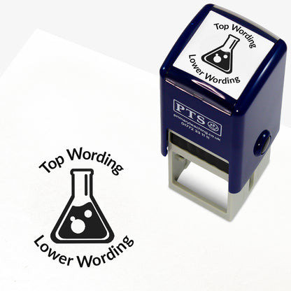 A 25mm round pre-inked teacher stamper with black ink, featuring a conical flask wish bubling liquid in the centre, curving above the image is space for personalisation 'Top Wording' and curving below the image is space for personalisation 'Lower Wording' in a clear, bold font.