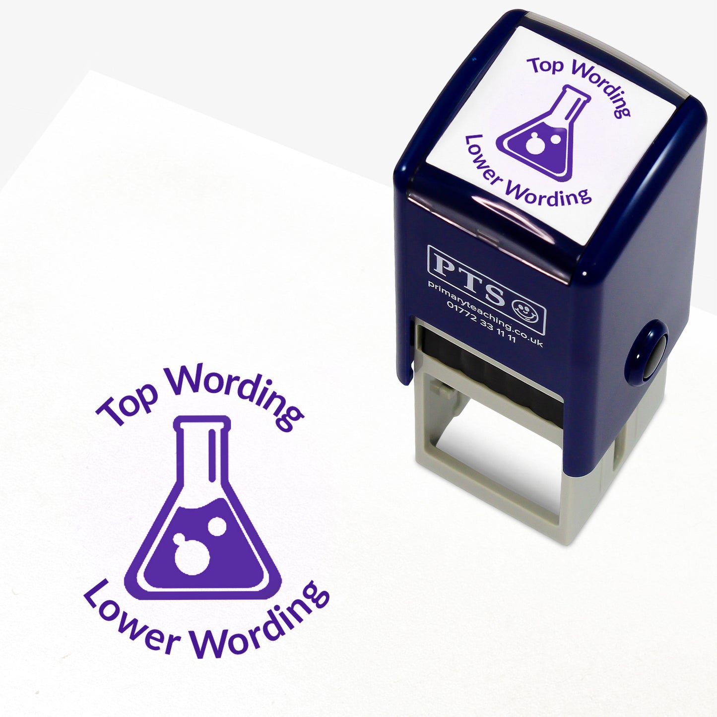 A 25mm round pre-inked teacher stamper with purple ink, featuring a conical flask wish bubling liquid in the centre, curving above the image is space for personalisation 'Top Wording' and curving below the image is space for personalisation 'Lower Wording' in a clear, bold font.