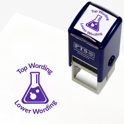 A 25mm round pre-inked teacher stamper with purple ink, featuring a conical flask wish bubling liquid in the centre, curving above the image is space for personalisation 'Top Wording' and curving below the image is space for personalisation 'Lower Wording' in a clear, bold font.