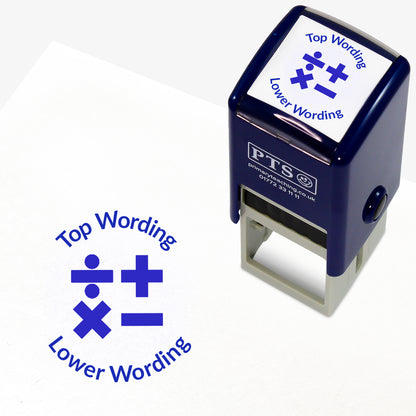 A 25mm round pre-inked teacher stamper in blue with a central design of mathematical symbols: division, multiplication, addition, and equals. The stamp includes customisable text above and below the symbols.