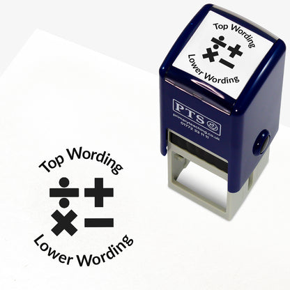 A 25mm round pre-inked teacher stamper in black with a central design of mathematical symbols: division, multiplication, addition, and equals. The stamp includes customisable text above and below the symbols.