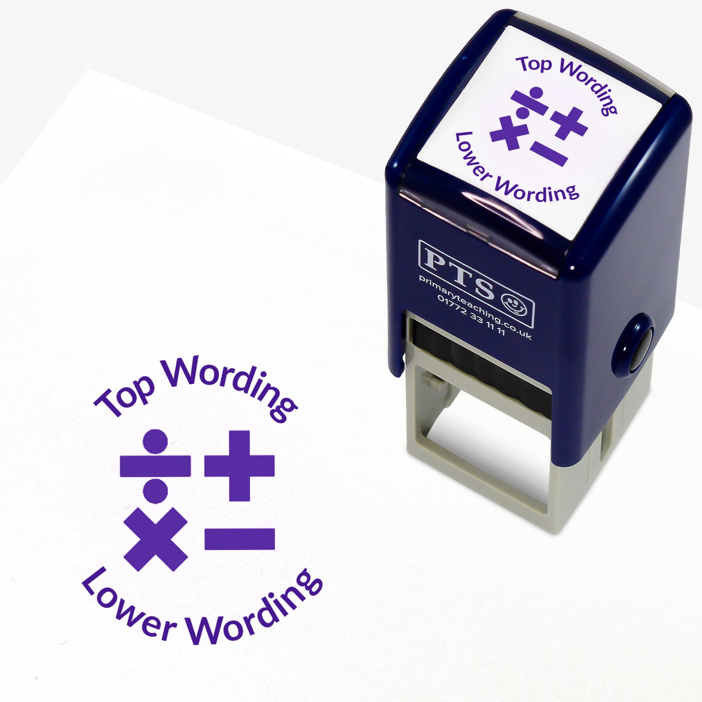 A 25mm round pre-inked teacher stamper in purple with a central design of mathematical symbols: division, multiplication, addition, and equals. The stamp includes customisable text above and below the symbols.