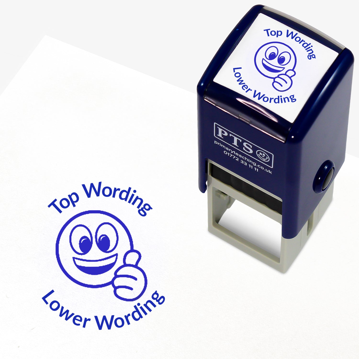 A 25mm round pre-inked teacher stamper with blue ink, featuring a smiling emoji giving a thumbs up, curving above the image is space for personalisation 'Top Wording' and curving below the image is space for personalisation 'Lower Wording' in a clear, bold font.