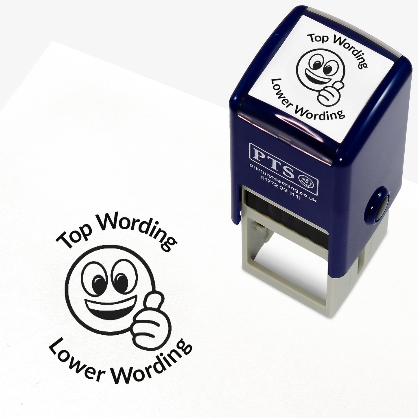 A 25mm round pre-inked teacher stamper with black ink, featuring a smiling emoji giving a thumbs up, curving above the image is space for personalisation 'Top Wording' and curving below the image is space for personalisation 'Lower Wording' in a clear, bold font.