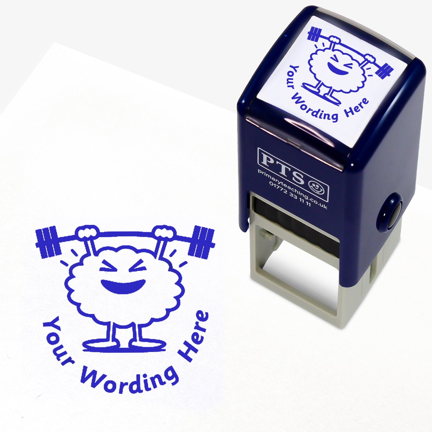 A 25mm round pre-inked teacher stamper with blue ink, featuring a brain lifting weights above it's head, curving below the image is space for personalisation 'Your Wording Here' in a clear, bold font.