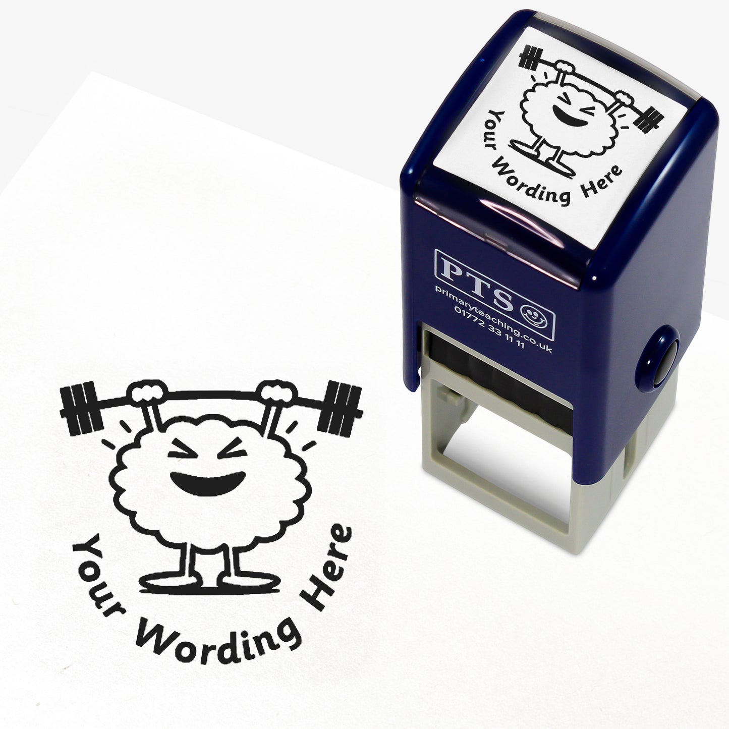 A 25mm round pre-inked teacher stamper with black ink, featuring a brain lifting weights above it's head, curving below the image is space for personalisation 'Your Wording Here' in a clear, bold font.