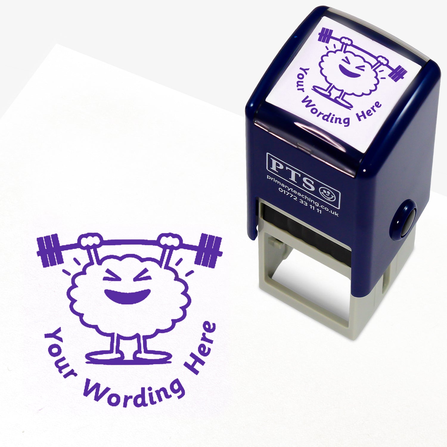 A 25mm round pre-inked teacher stamper with purple ink, featuring a brain lifting weights above it's head, curving below the image is space for personalisation 'Your Wording Here' in a clear, bold font.