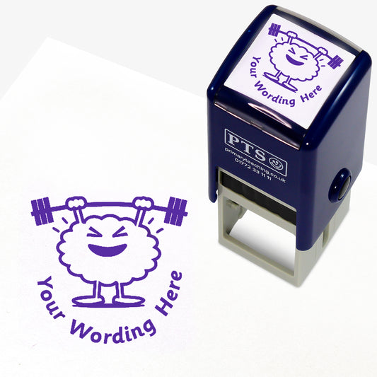 A 25mm round pre-inked teacher stamper with purple ink, featuring a brain lifting weights above it's head, curving below the image is space for personalisation 'Your Wording Here' in a clear, bold font.