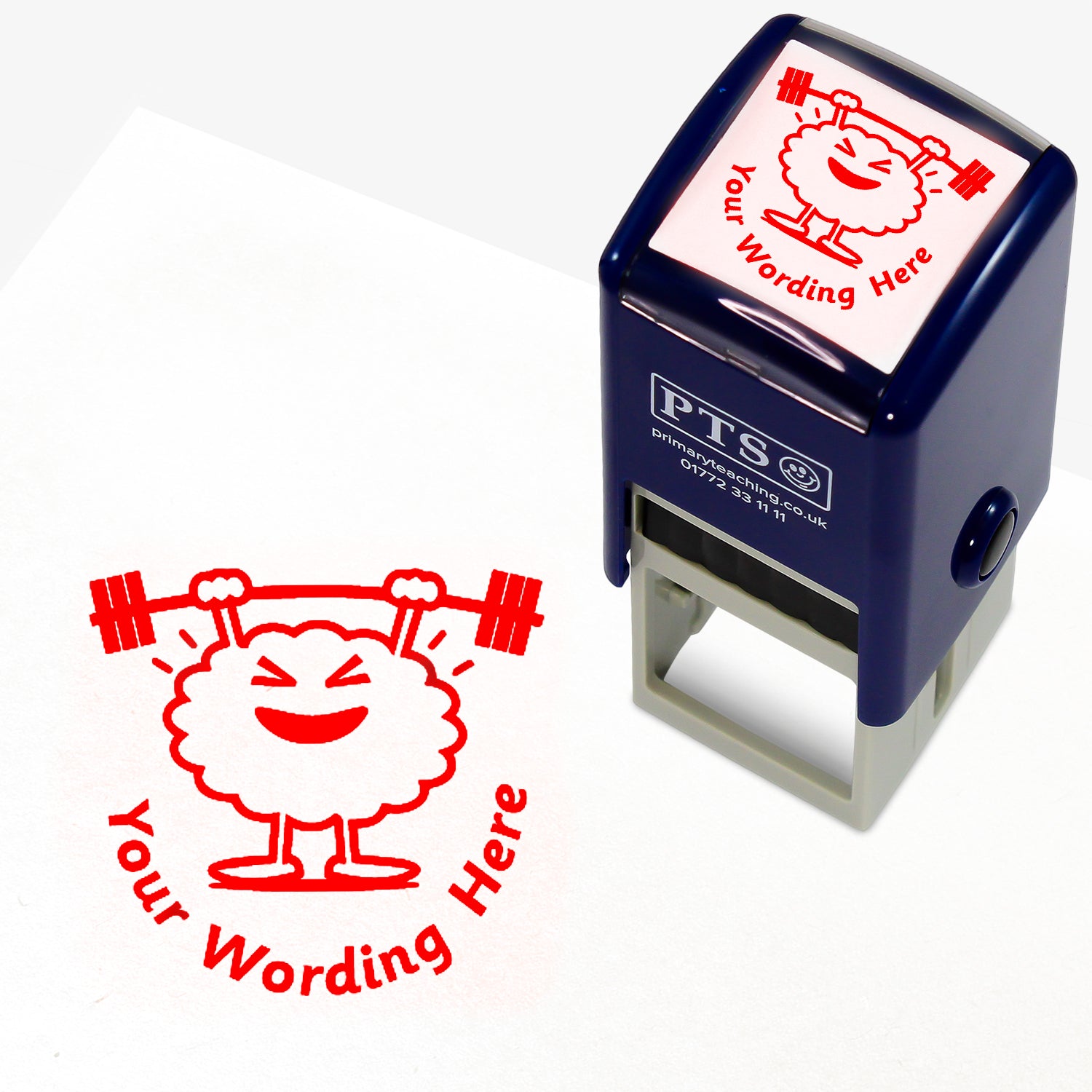 A 25mm round pre-inked teacher stamper with red ink, featuring a brain lifting weights above it's head, curving below the image is space for personalisation 'Your Wording Here' in a clear, bold font.