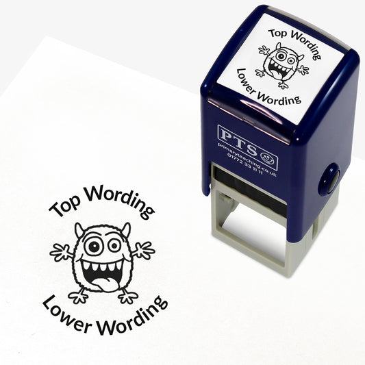 A 25mm round pre-inked teacher stamper with black ink, featuring a monster with it's arms open wide and it's mouth open, curving above the image is space for personalisation 'Top Wording' and curving below the image is space for personalisation 'Lower Wording' in a clear, bold font.
