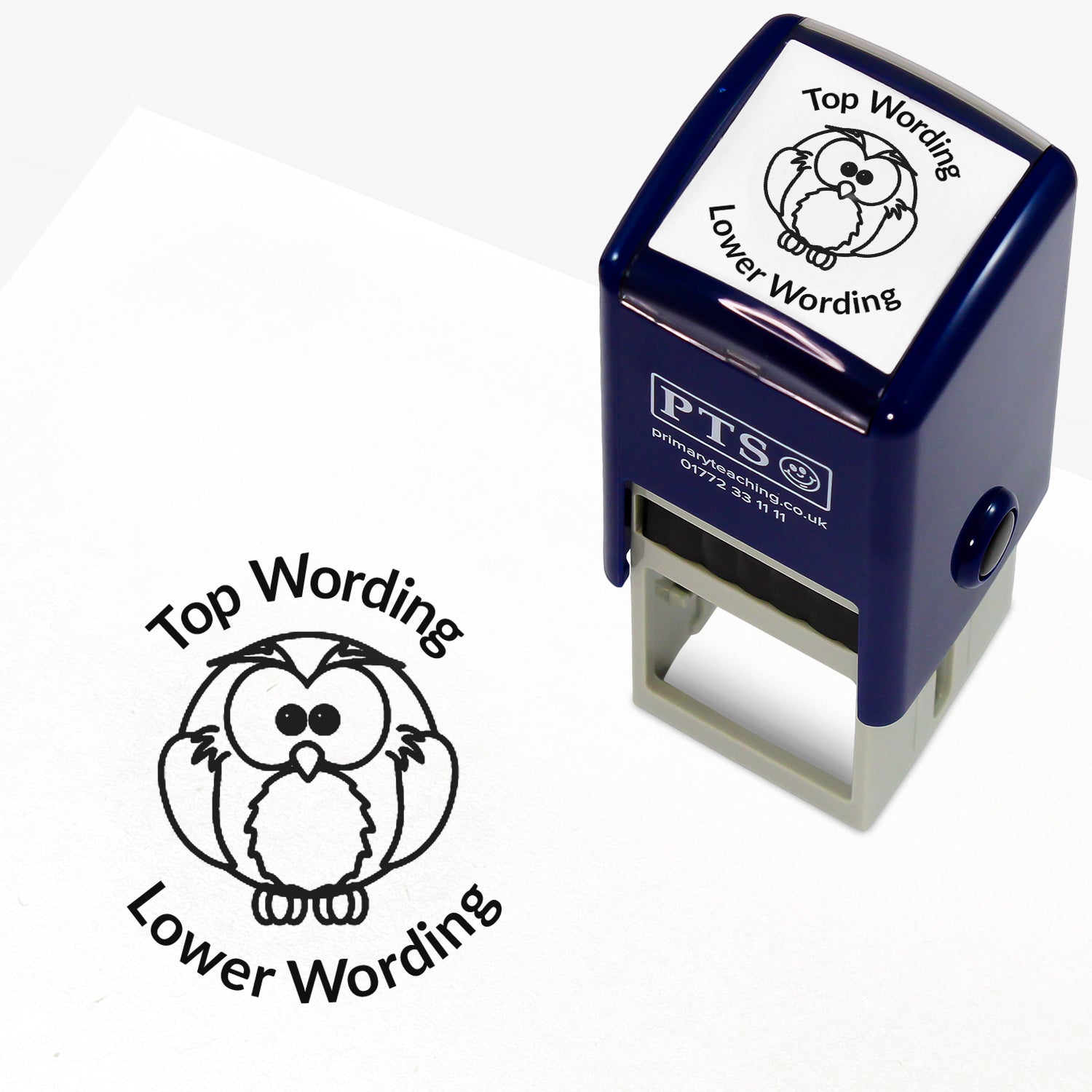 A 25mm round pre-inked teacher stamper with black ink, featuring a wise owl, curving above the image is space for personalisation 'Top Wording' and curving below the image is space for personalisation 'Lower Wording' in a clear, bold font.