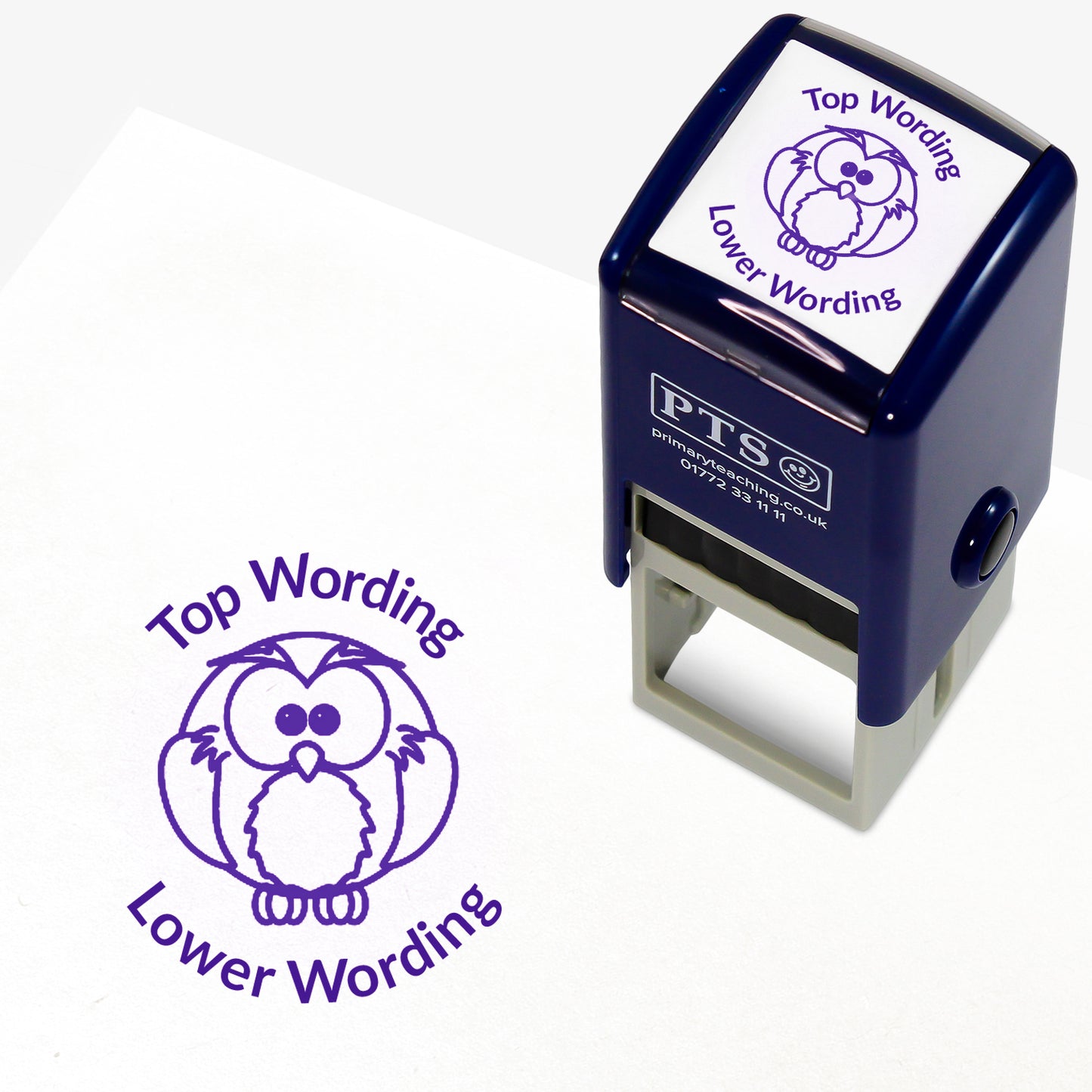 A 25mm round pre-inked teacher stamper with purple ink, featuring a wise owl, curving above the image is space for personalisation 'Top Wording' and curving below the image is space for personalisation 'Lower Wording' in a clear, bold font.