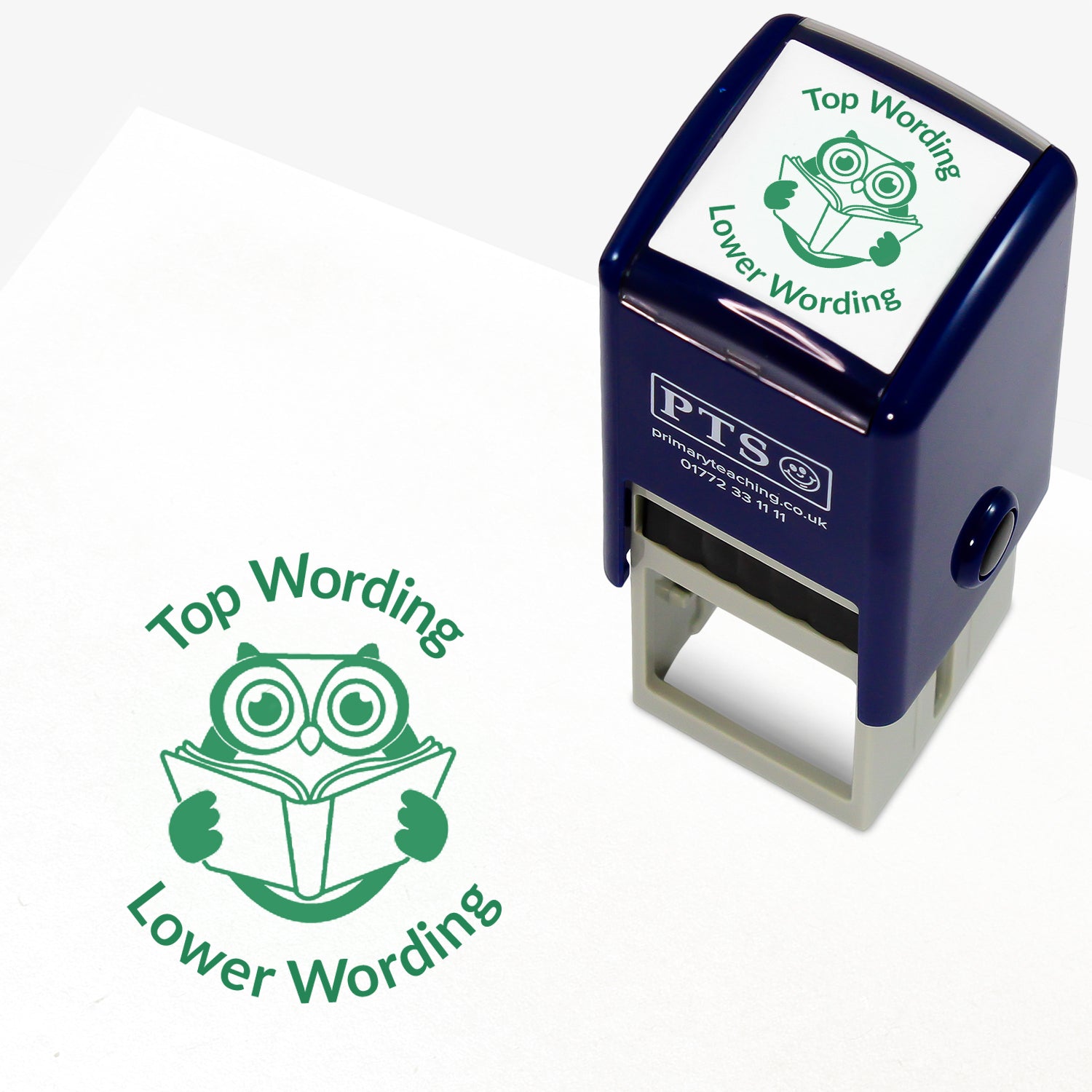 A 25mm round pre-inked teacher stamper with green ink, featuring a wise owl reading a book, curving above the image is space for personalisation 'Top Wording' and curving below the image is space for personalisation 'Lower Wording' in a clear, bold font.