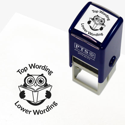 A 25mm round pre-inked teacher stamper with purple ink, featuring a wise owl reading a book, curving above the image is space for personalisation 'Top Wording' and curving below the image is space for personalisation 'Lower Wording' in a clear, bold font.