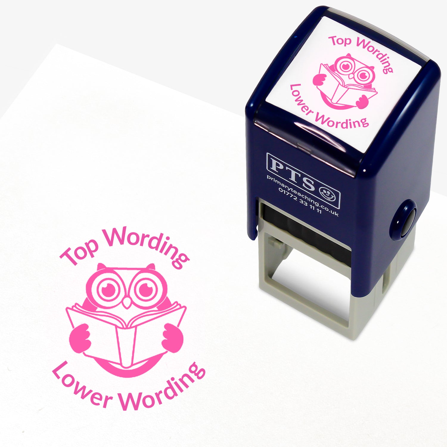 A 25mm round pre-inked teacher stamper with red ink, featuring a wise owl reading a book, curving above the image is space for personalisation 'Top Wording' and curving below the image is space for personalisation 'Lower Wording' in a clear, bold font.