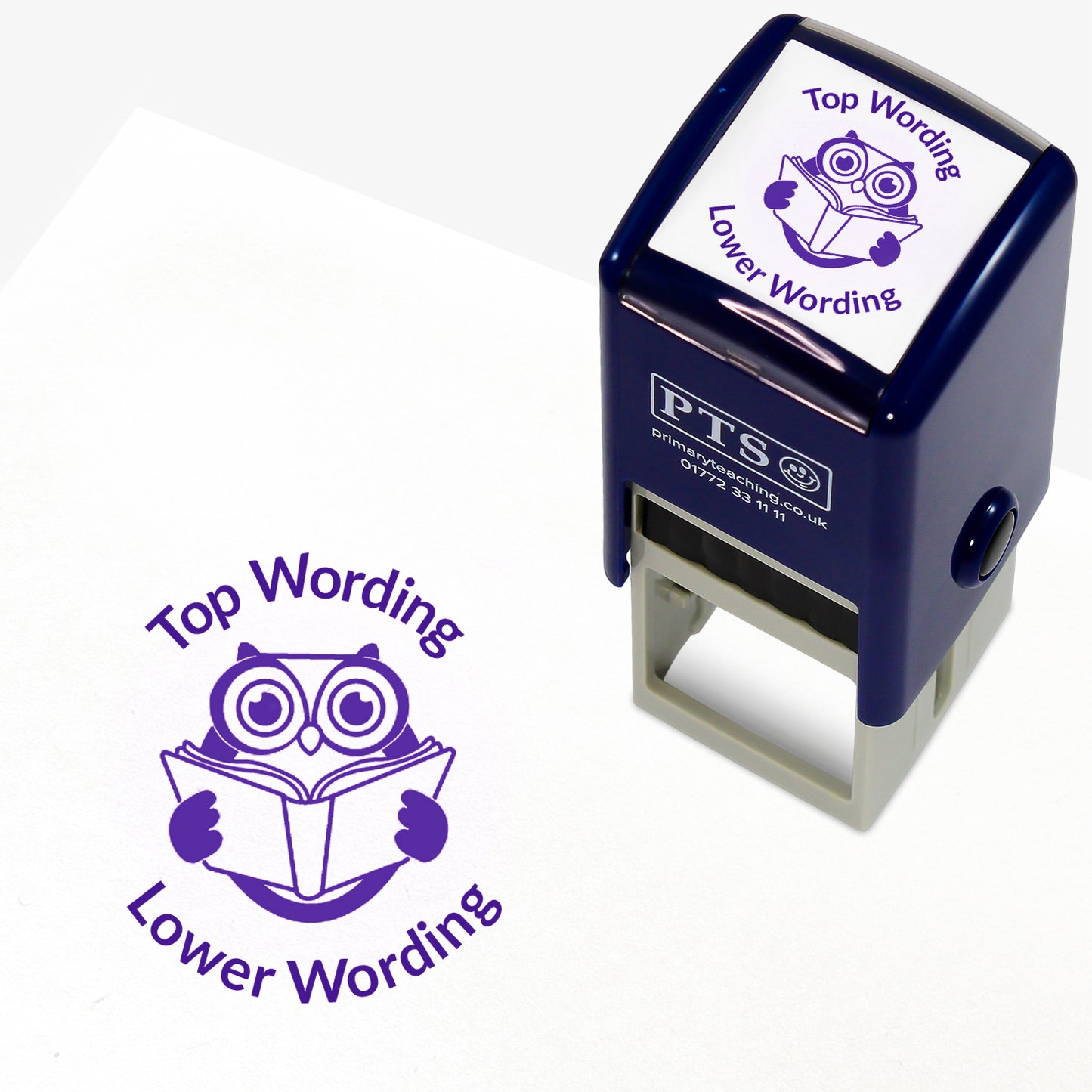 A 25mm round pre-inked teacher stamper with pink ink, featuring a wise owl reading a book, curving above the image is space for personalisation 'Top Wording' and curving below the image is space for personalisation 'Lower Wording' in a clear, bold font.