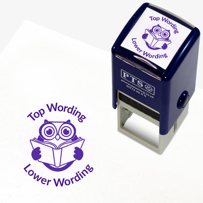 A 25mm round pre-inked teacher stamper with pink ink, featuring a wise owl reading a book, curving above the image is space for personalisation 'Top Wording' and curving below the image is space for personalisation 'Lower Wording' in a clear, bold font.