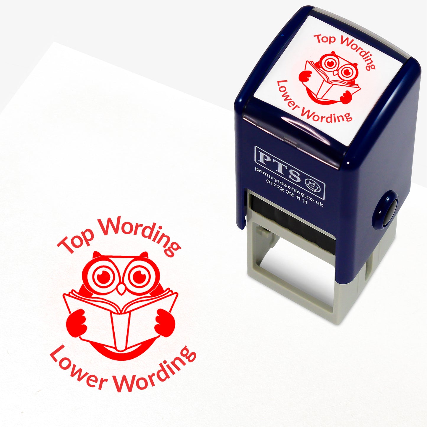 A 25mm round pre-inked teacher stamper with orange ink, featuring a wise owl reading a book, curving above the image is space for personalisation 'Top Wording' and curving below the image is space for personalisation 'Lower Wording' in a clear, bold font.