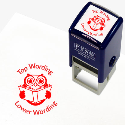 A 25mm round pre-inked teacher stamper with orange ink, featuring a wise owl reading a book, curving above the image is space for personalisation 'Top Wording' and curving below the image is space for personalisation 'Lower Wording' in a clear, bold font.