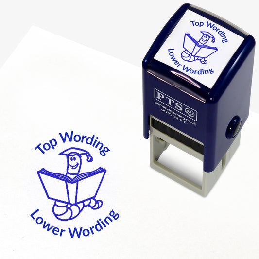 A 25mm round pre-inked teacher stamper with blue ink, featuring a worm wearing a mortarboard, reading an open book, curving above the image is space for personalisation 'Top Wording' and curving below the image is space for personalisation 'Lower Wording' in a clear, bold font.