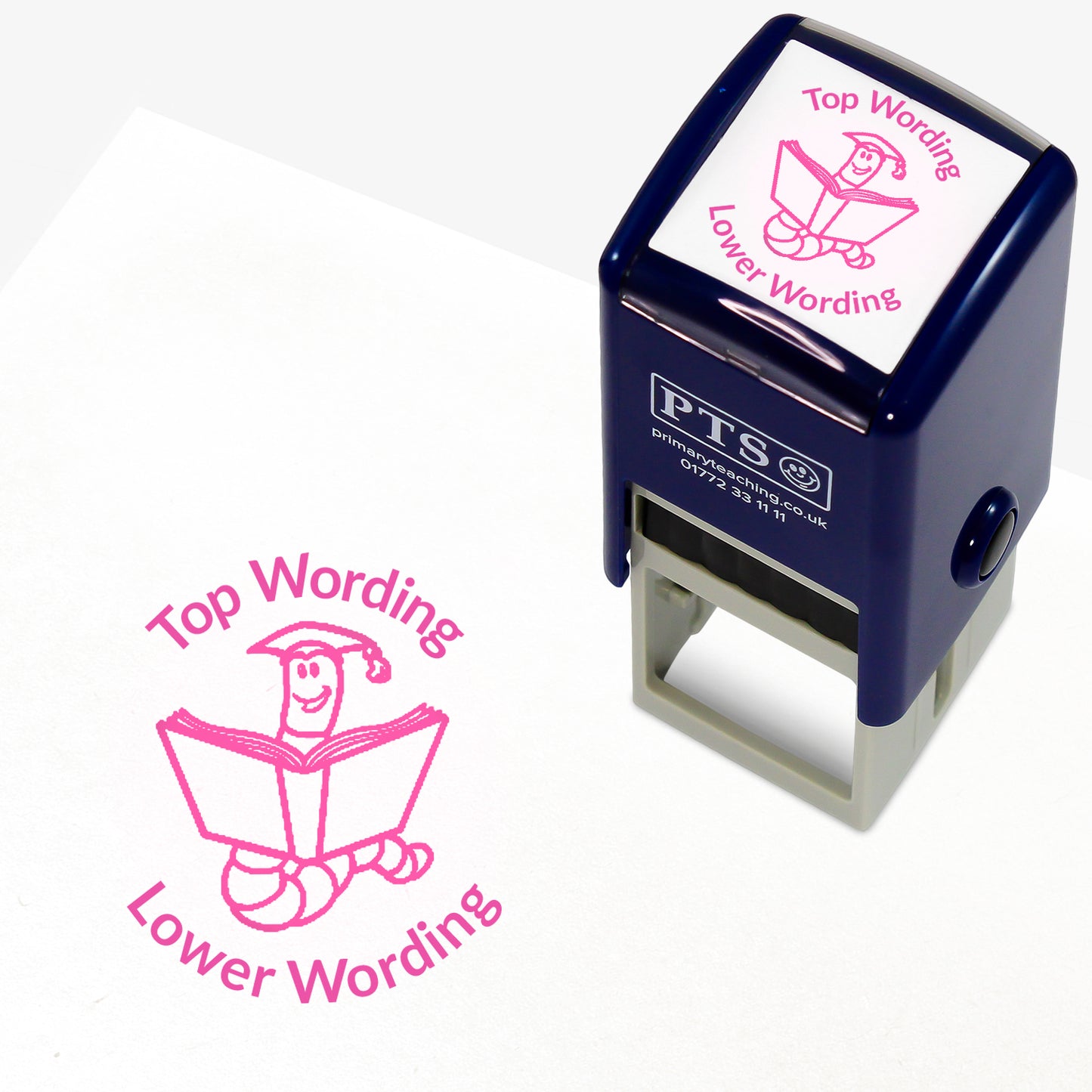 A 25mm round pre-inked teacher stamper with pink ink, featuring a worm wearing a mortarboard, reading an open book, curving above the image is space for personalisation 'Top Wording' and curving below the image is space for personalisation 'Lower Wording' in a clear, bold font.