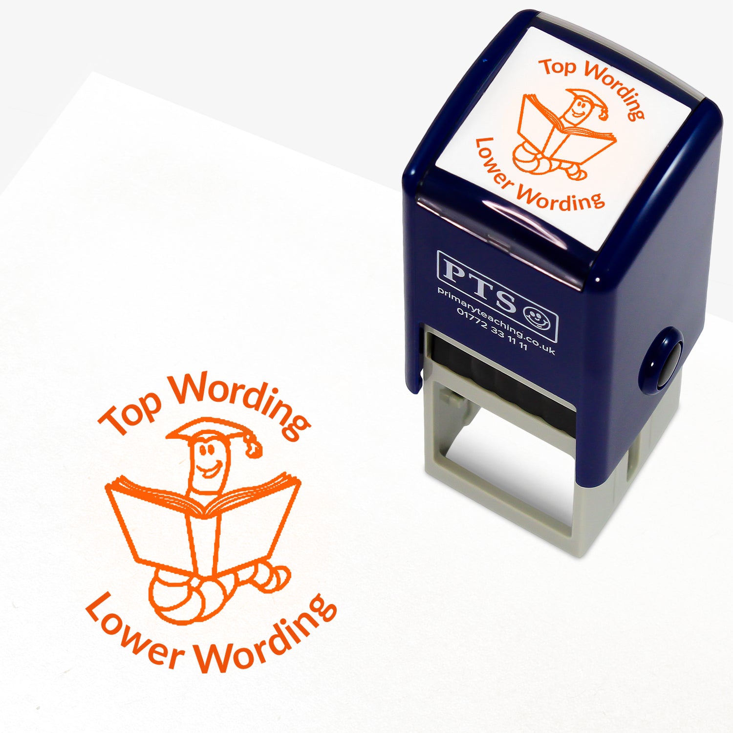 A 25mm round pre-inked teacher stamper with orange ink, featuring a worm wearing a mortarboard, reading an open book, curving above the image is space for personalisation 'Top Wording' and curving below the image is space for personalisation 'Lower Wording' in a clear, bold font.